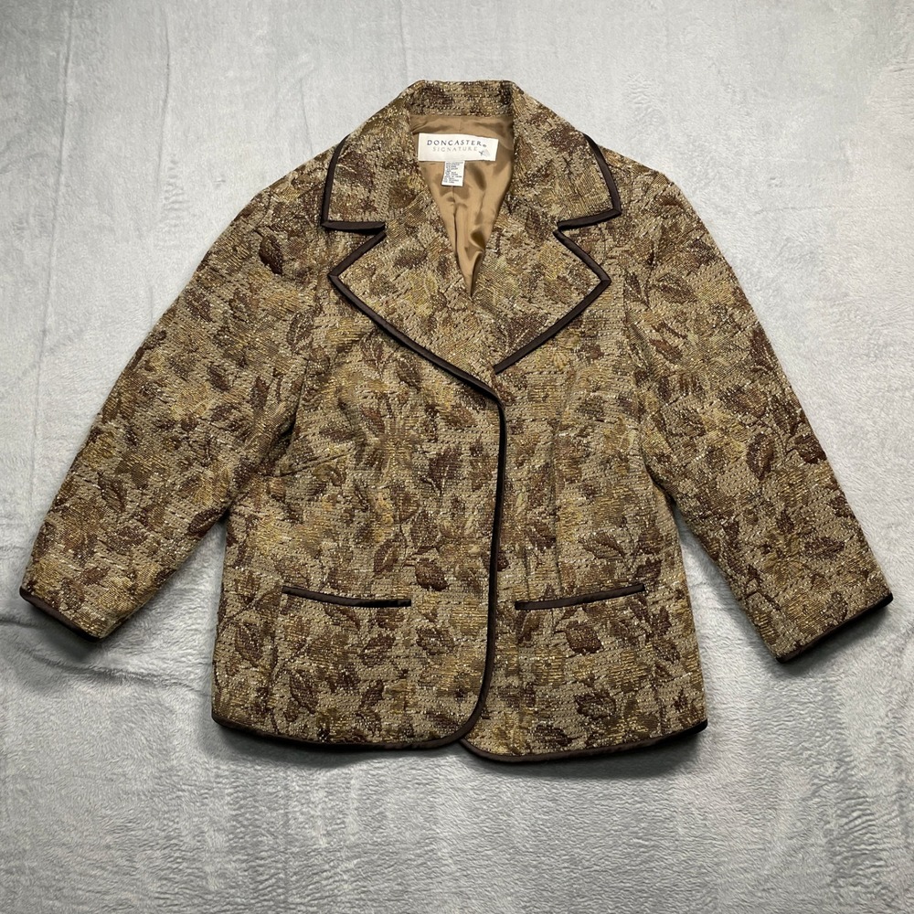 Doncaster Signature Blazer Women XL Brown Gold Floral Tapestry Silk Trim Jacket
